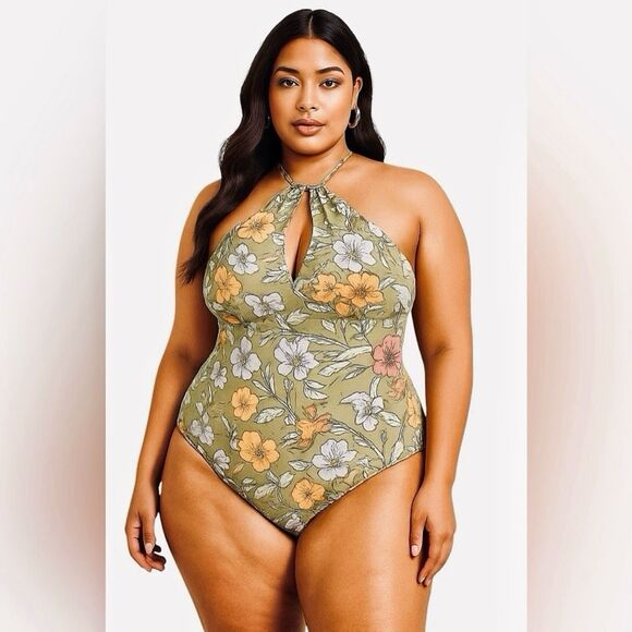 SHEIN Halter Swimsuit 1XL NEW  One Piece Olive Floral Beach - Picture 1 of 8